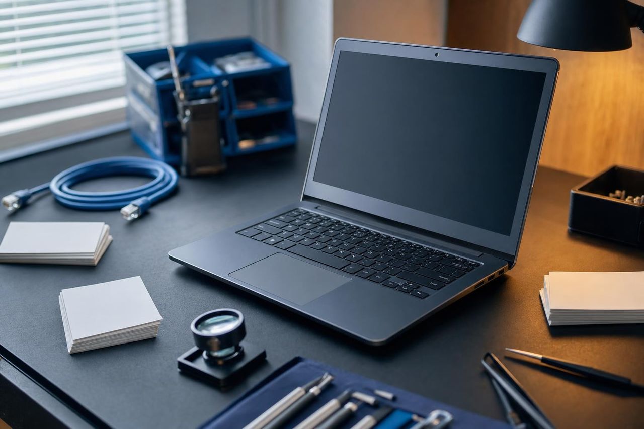 Refurbished laptop op een werkbank met blanco kaartjes, netwerkkabels en gereedschap